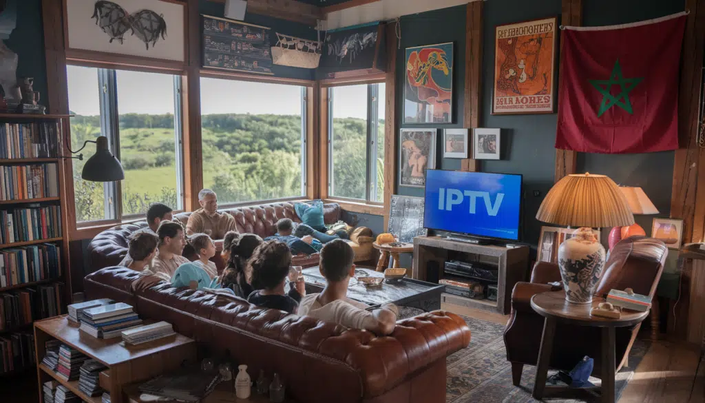 Un groupe de personnes profitant d'un salon confortable en regardant IPTV MAROC sur un téléviseur à écran plat, avec un drapeau marocain accroché au mur, reflétant la connexion culturelle aux services IPTV au Maroc.