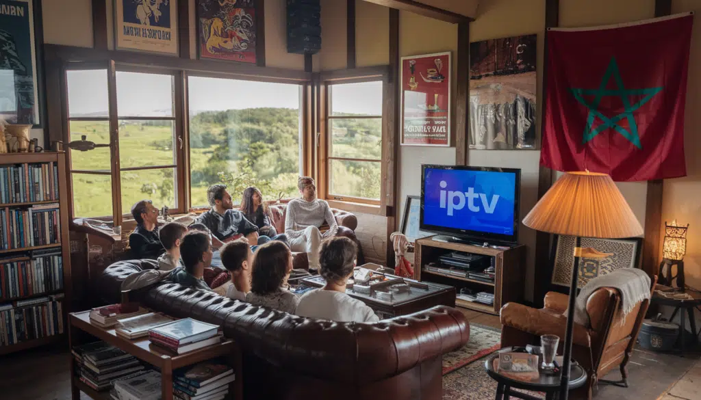 Des familles regardant IPTV MAROC dans un salon spacieux avec de grandes fenêtres et un drapeau marocain sur le mur, mettant en valeur l'expérience IPTV au Maroc avec des couleurs vives et une atmosphère détendue.